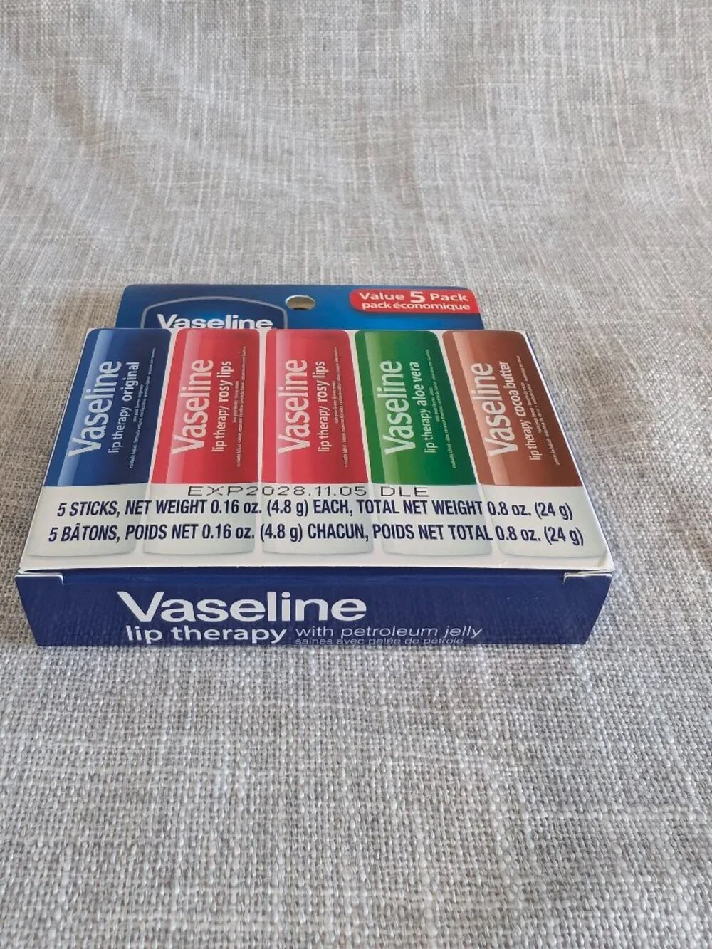 Vaseline Lip Therapy 5 Pack Lip Balm Rosy (2), Aloe Vera, Cocoa Butter, Original